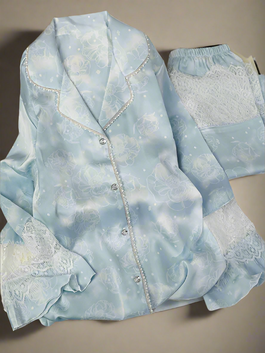Nina - French Lace Ice Silk Long-sleeved Pajamas Set